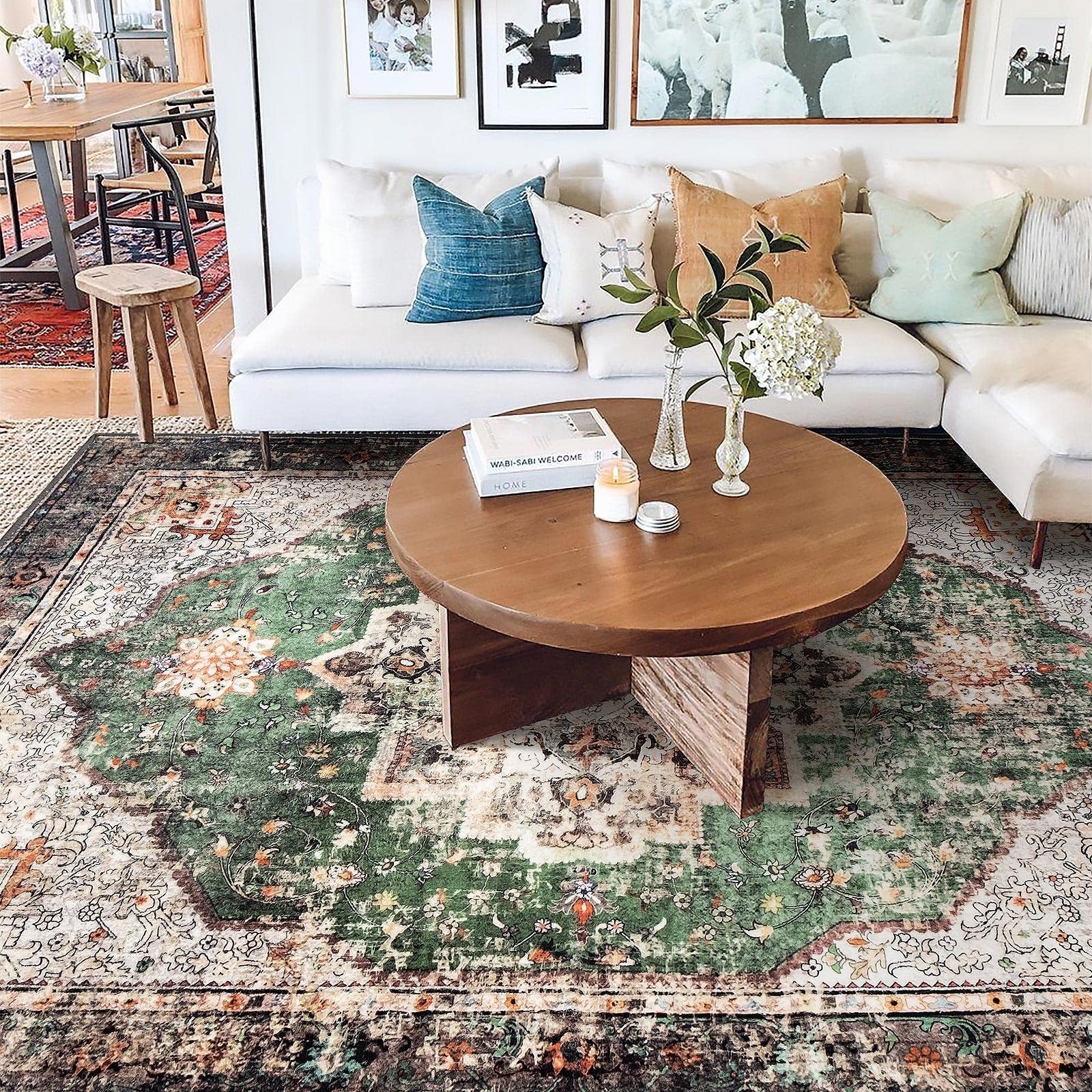 9×12 Area Rugs for Living Room Green Boho Washable Vintage Low Pile Non-Slip …