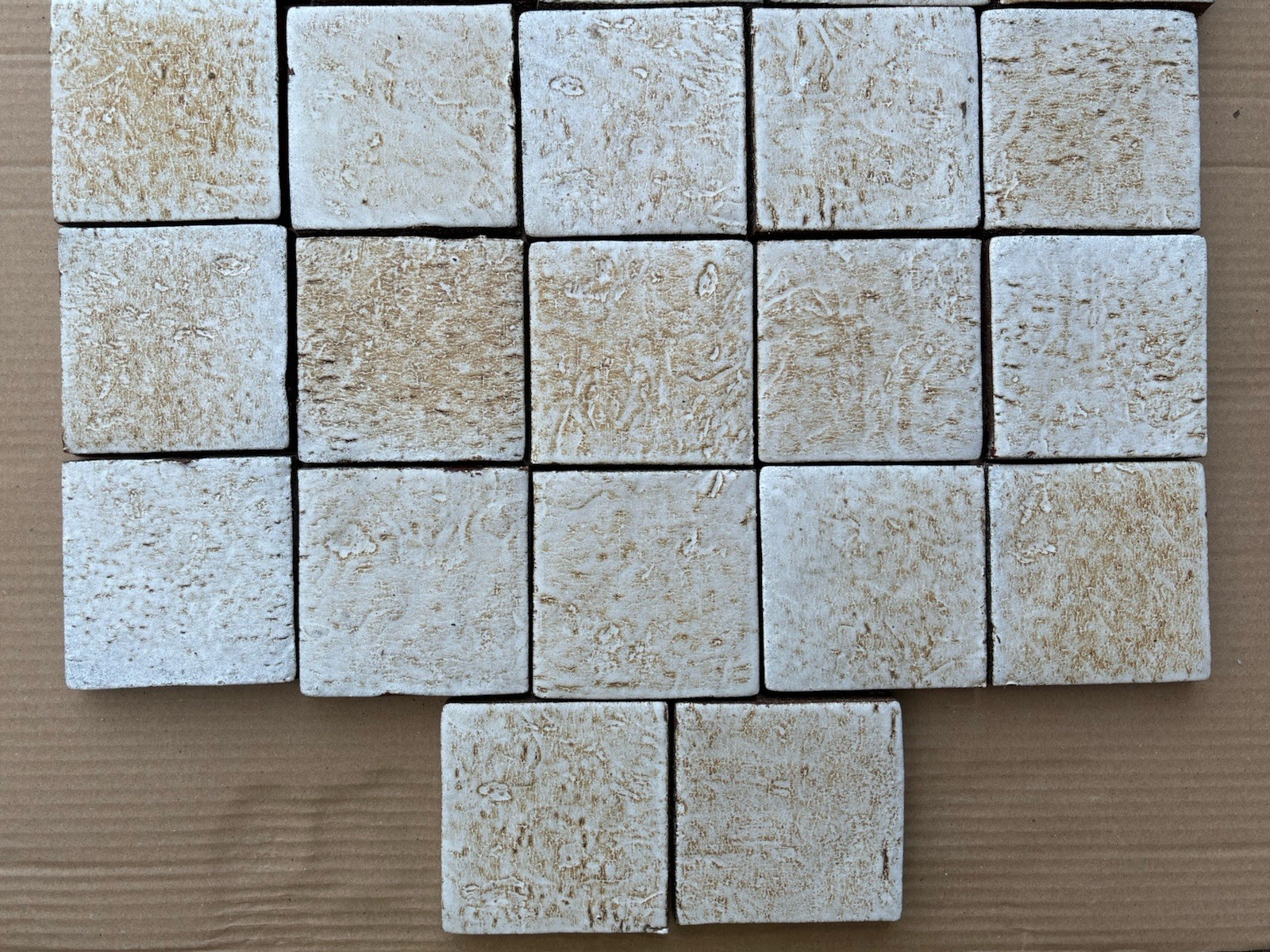 4 Vintage Hand Made Mottled Glazed Field Tile THICK 3 7/8″sq Set of 4 NOS #A