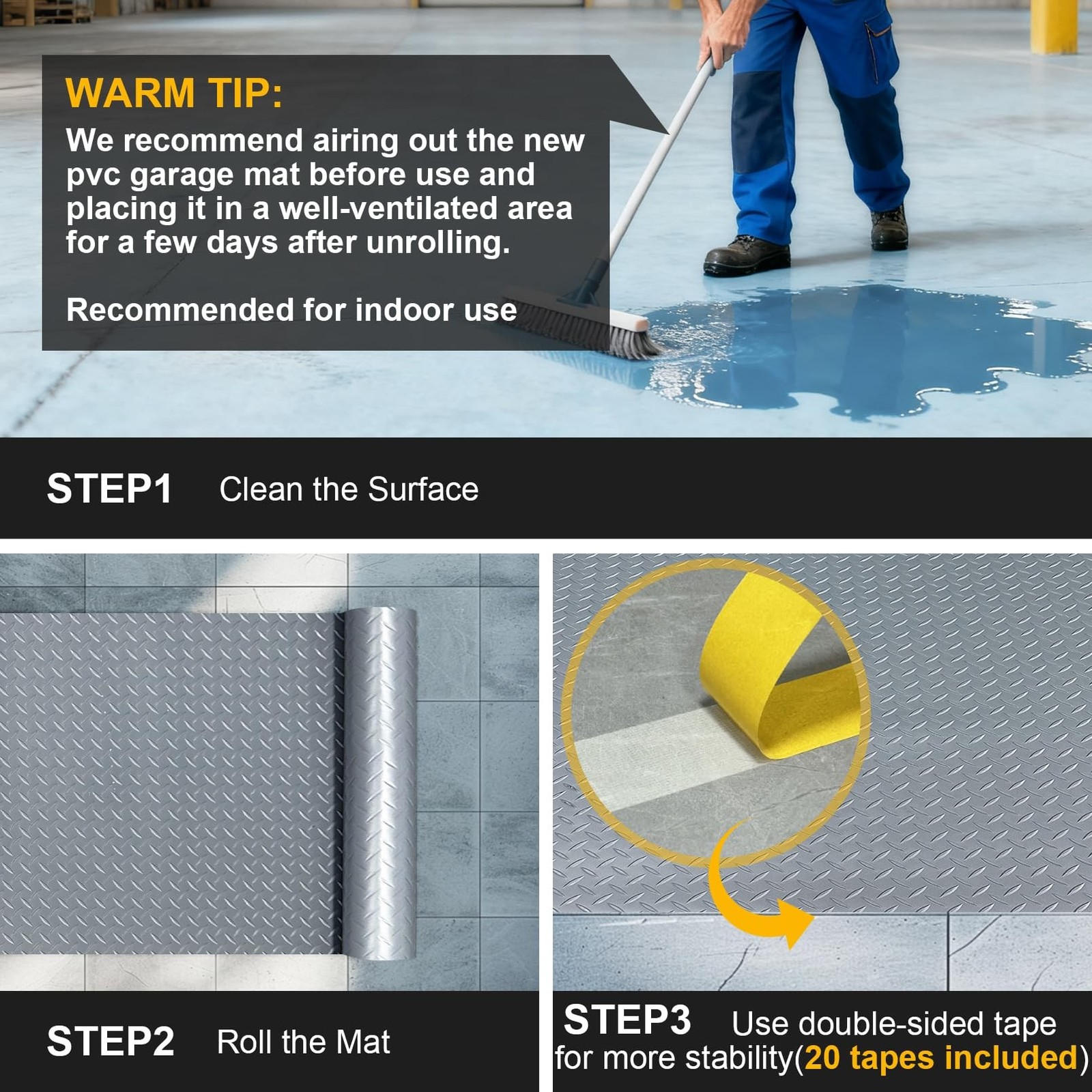 8×20 FT Garage Floor Mat, 2.8mm Thickened Flooring Roll Diamond Plate PVC Rub…