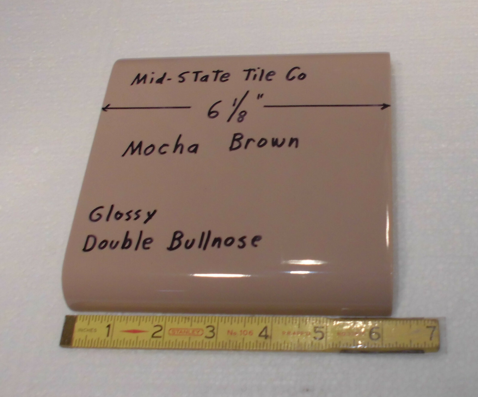 1 pc. Mocha – Brown 6″ x 6″ Double Radius Bullnose Glossy Ceramic Tile: NOS