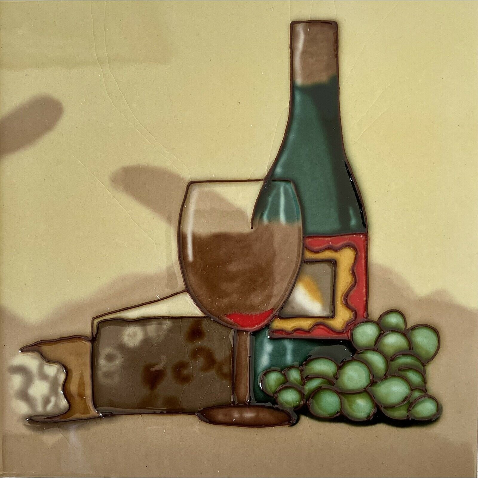 Wine Bottle Glass Grapes Cheese Decorative Ceramic Wall Art Tile 8×8 New Gift
