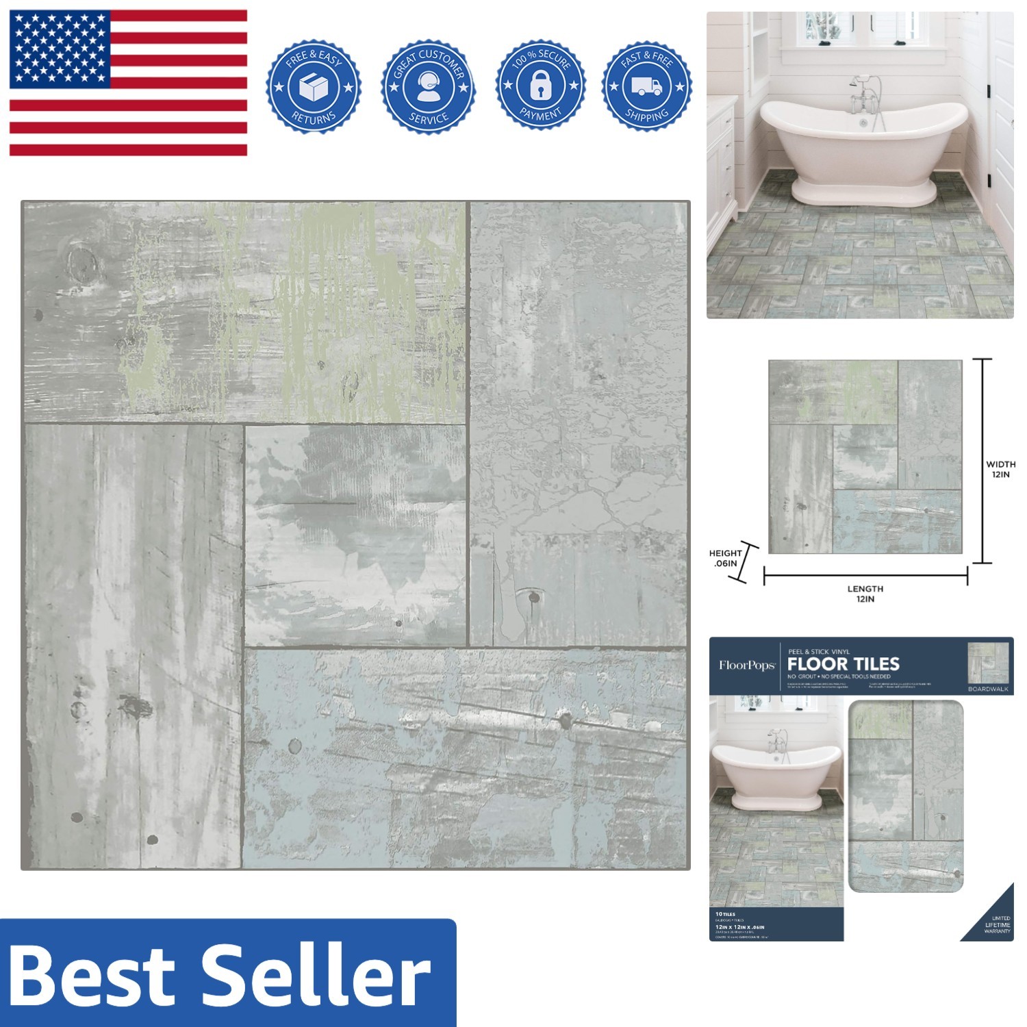 Easy Install Peel & Stick Floor Tiles – Shabby Chic Wood Look in Grey, 10-Pack