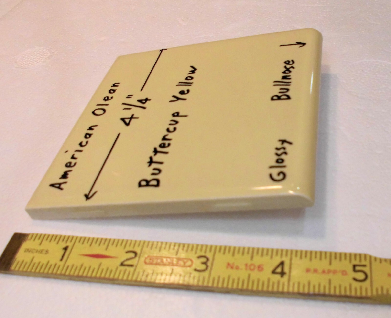 1 pc. Buttercup Yellow: 4-1/4″ Glossy BULLNOSE Ceramic Tile: American Olean, NOS