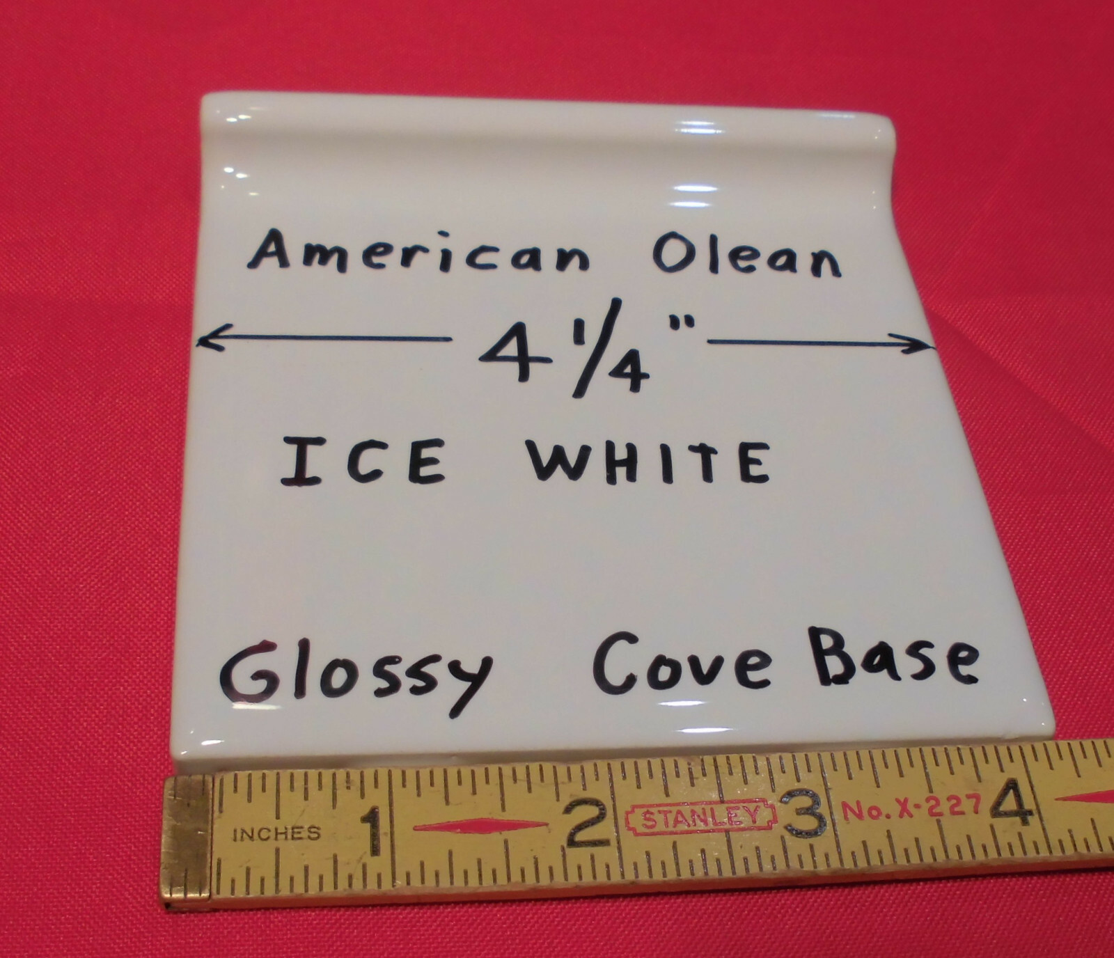 1 pc. Glossy Ice White: stack-on base/cove Ceramic Tile; 4-1/4″ X 4-1/4″ NEW