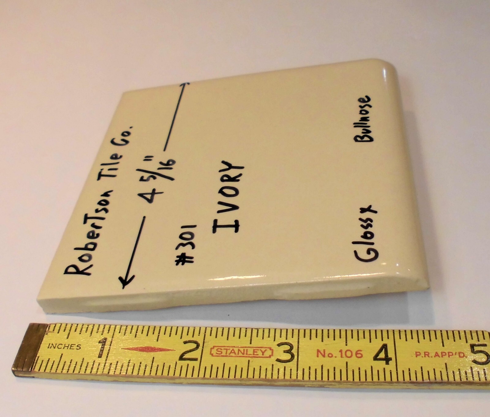1 pc. Glossy Ceramic Bullnose Tile *Ivory* 4-5/16″ By Robertson Tile Co. New