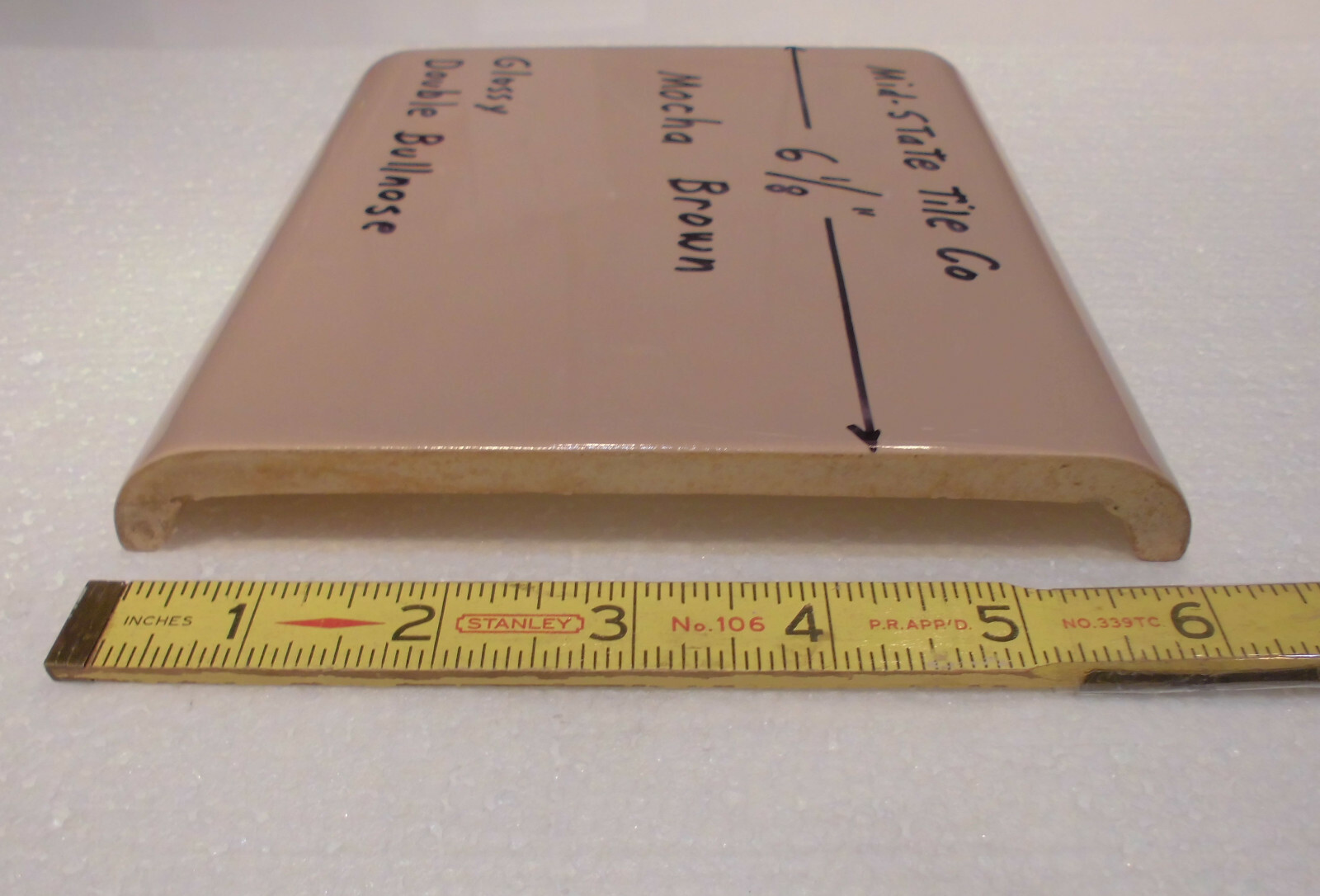 1 pc. Mocha – Brown 6″ x 6″ Double Radius Bullnose Glossy Ceramic Tile: NOS