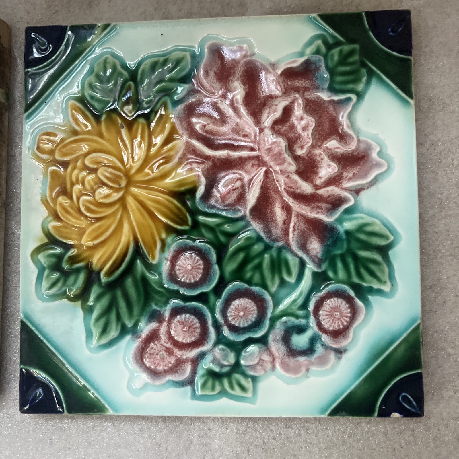 Set of 2 Antique Japanese Majolica Tiles Danto Kaisha DK Peony Chrysanthemum 6×6