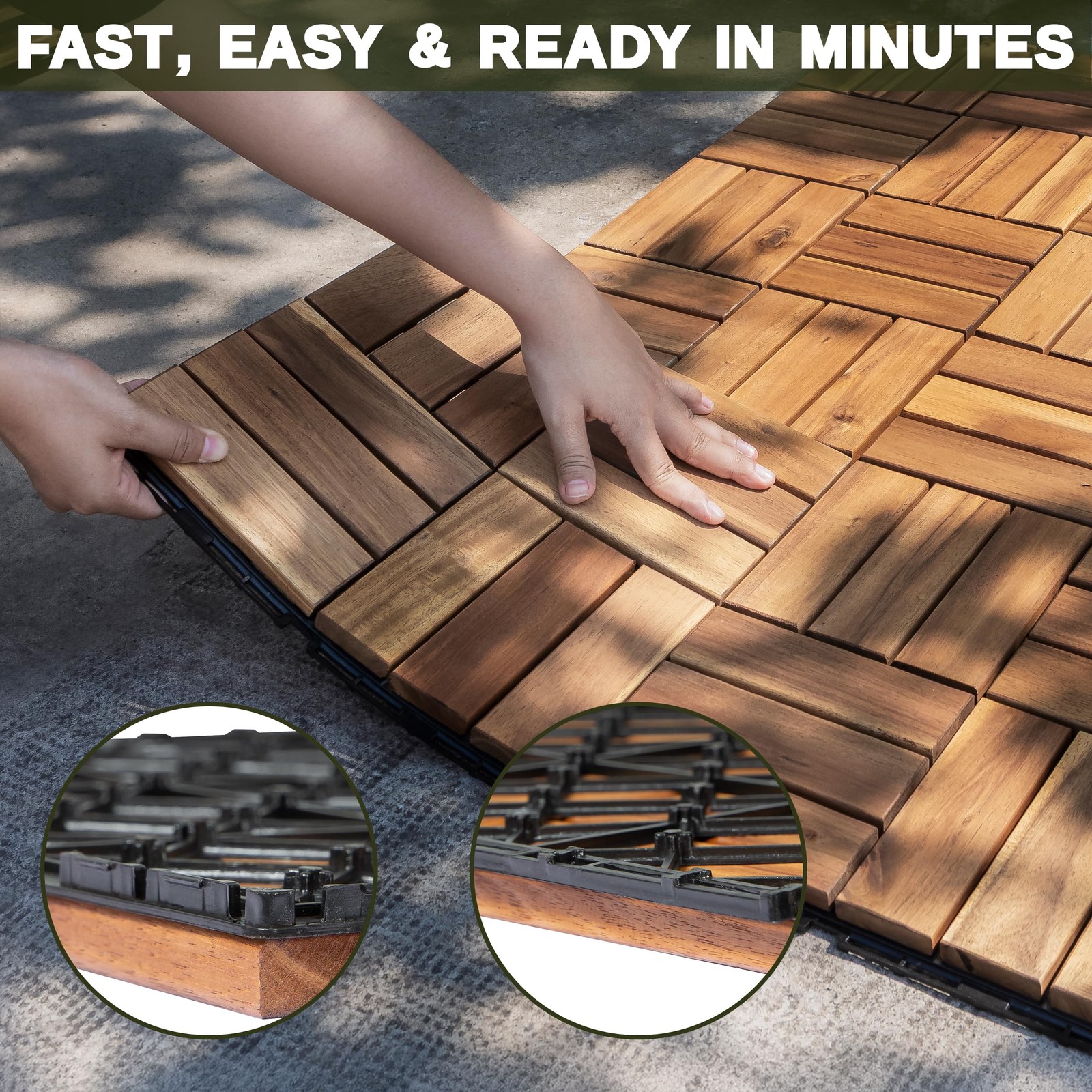 Interlocking Acacia Wood Deck Tiles, 9-Pack, 12 Slats, Waterproof Outdoor Flo…