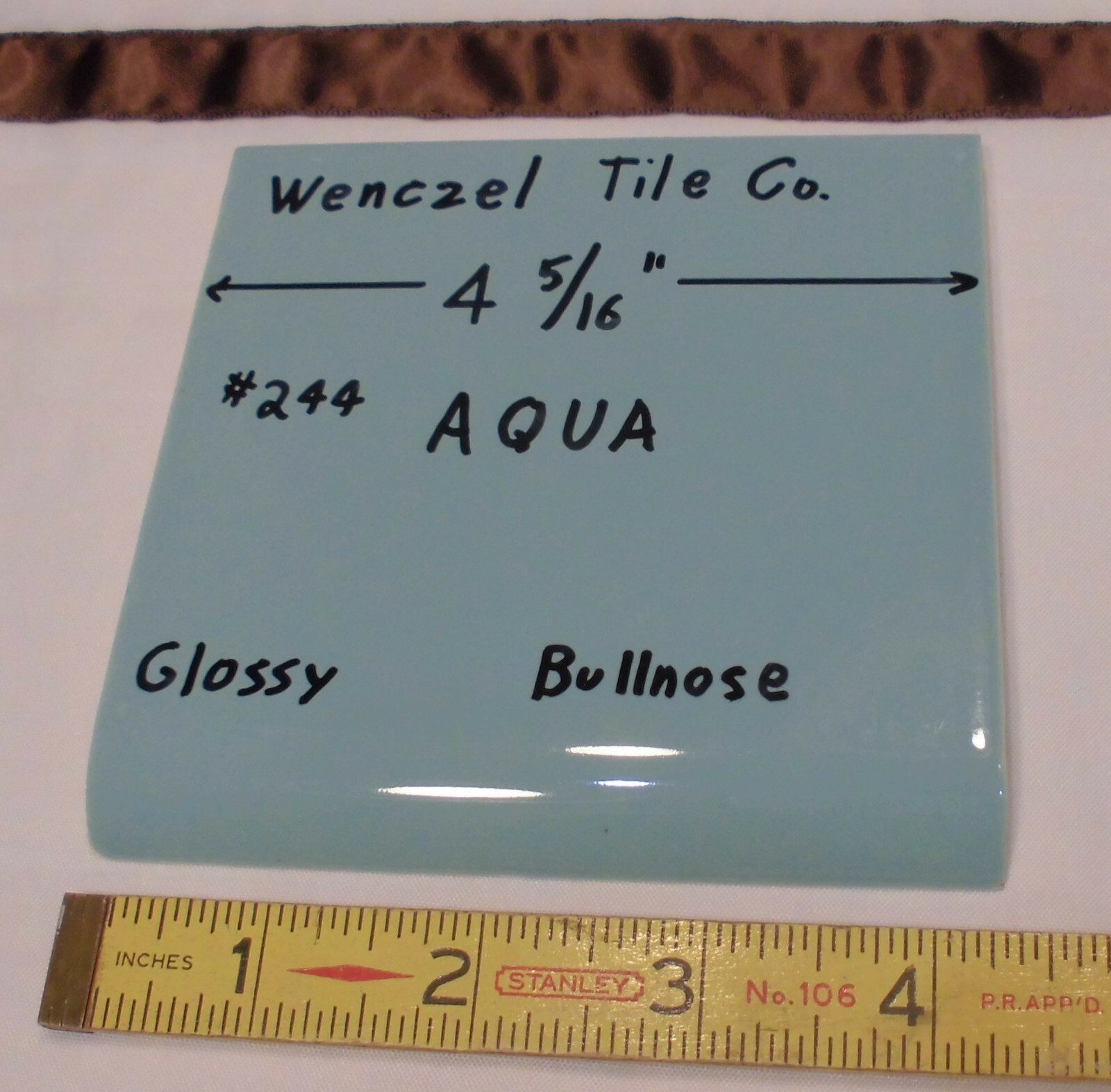 1 pc. Aqua #244; Blue-Green Glossy Ceramic Tile; Wenczel Tile 4-5/16″ Bullnose