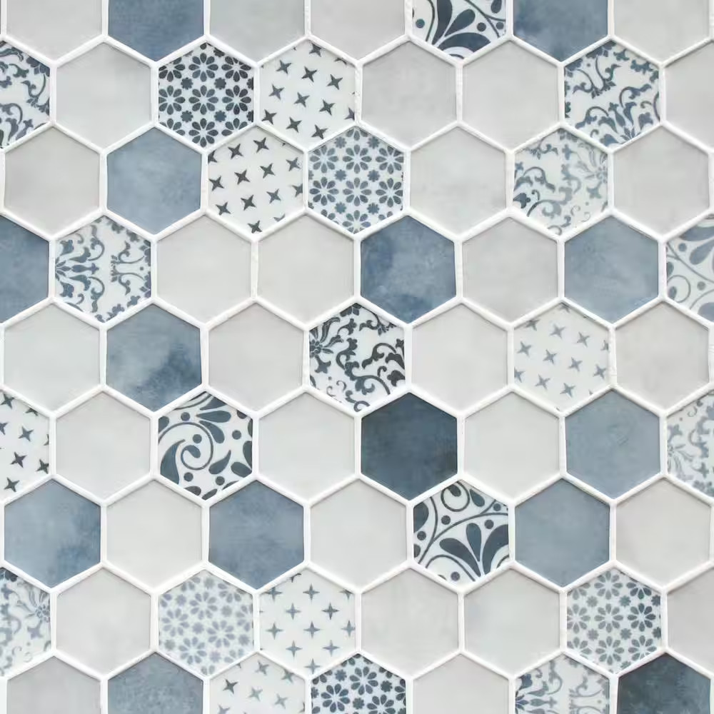 Concrete Blue Hexagon 11.7X10.2In. Mosaic Backsplash. Recycled Glass Cement Look