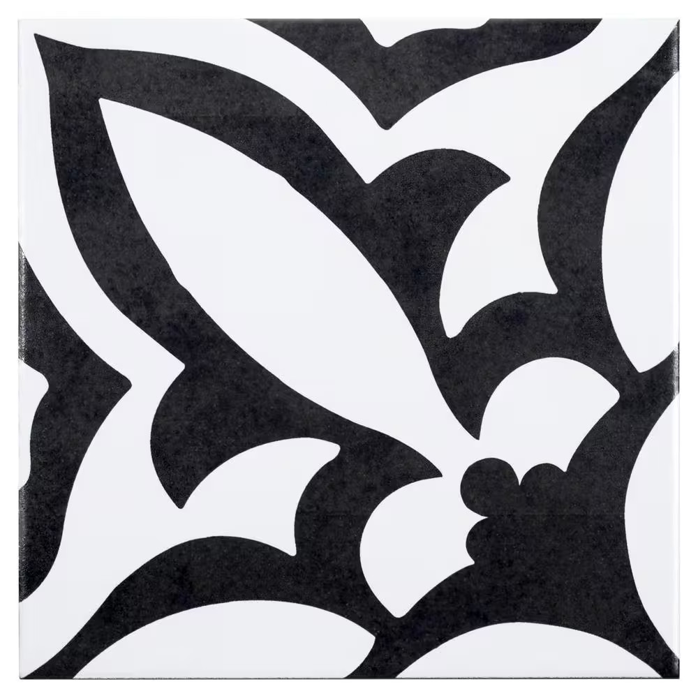Luv Ti’Amo Black and White 8 In. Encaustic Patterned Matte Porcelain Wall and Fl