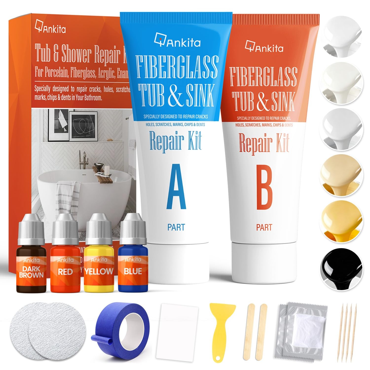 Fiberglass Tub Repair Kit Waterproof Color Match Chips Cracks Holes White