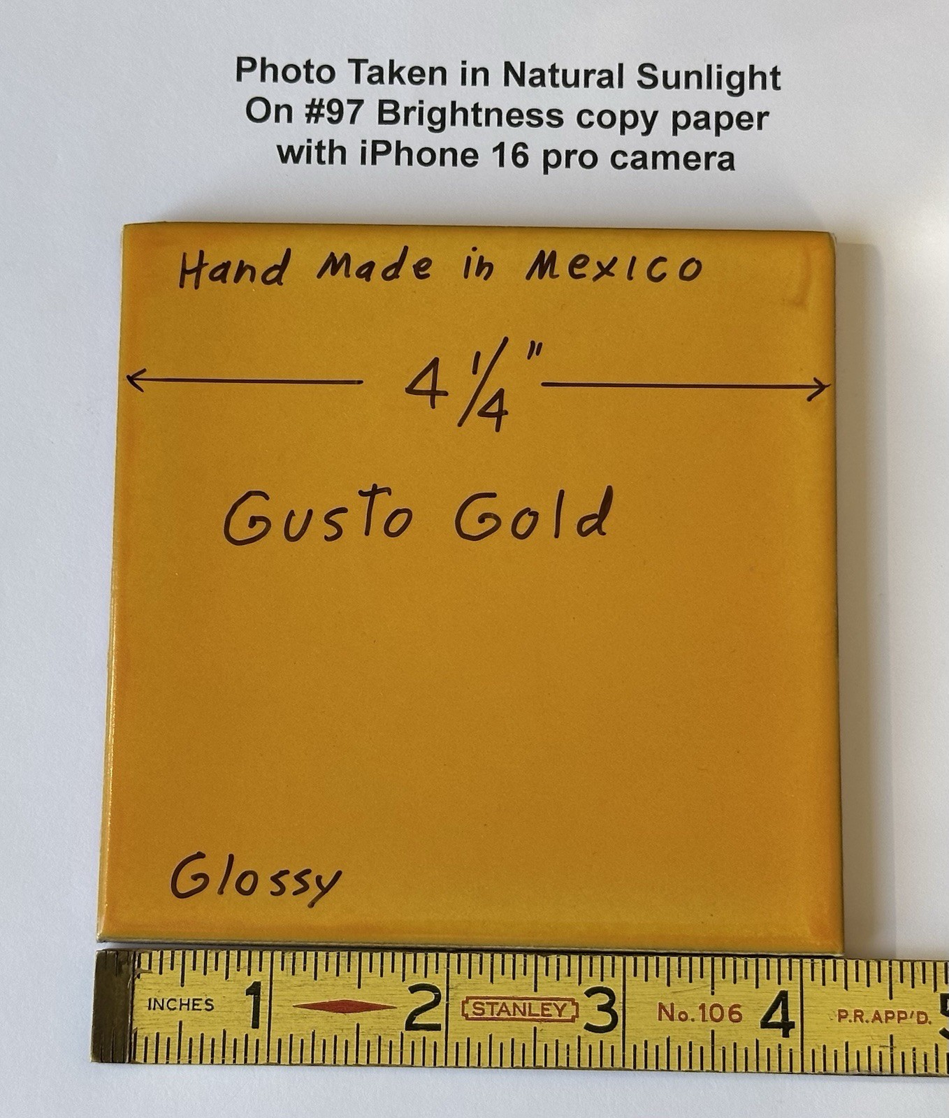 1 pc. Golden-Yellow: 4-1/4″ Hand-Made in Mexico, Glossy Red-Clay Ceramic Tile