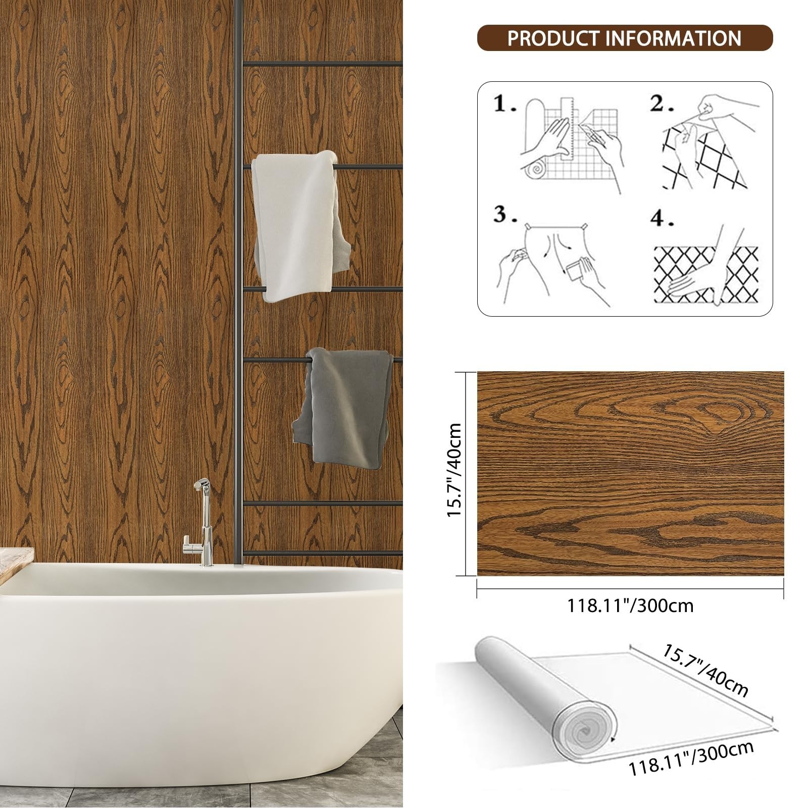 Shackcom Brown Wood Floor Tiles Roll Peel & Stick 2 Roll 15.7″x 118.11″, Thic…