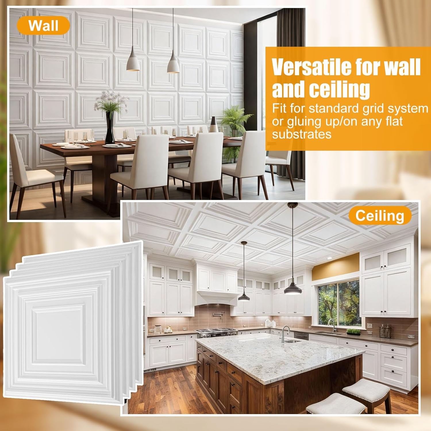 12Pcs Ceiling Tiles 24×24 in PVC Easy Installation White Geometric Ceiling Panel