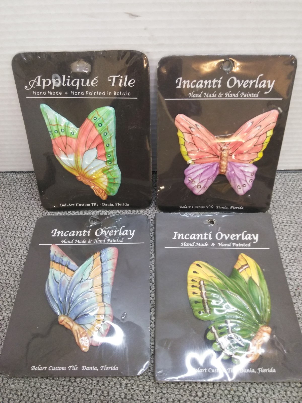 Bolart Custom Tile BUTTERFLY Hand Made Hand Painted Set Of 4 Incanti Overlay