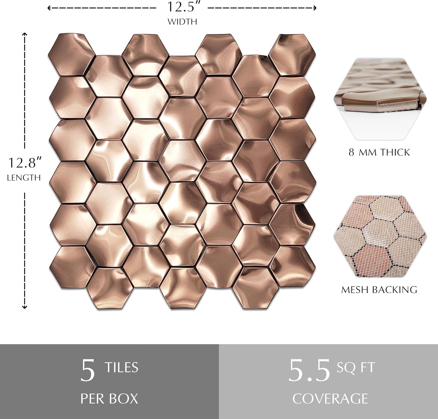 Copper Hexagon 3D Wall Panels – 5 Mosaic Tiles for Stunning Bathroom Backsplash