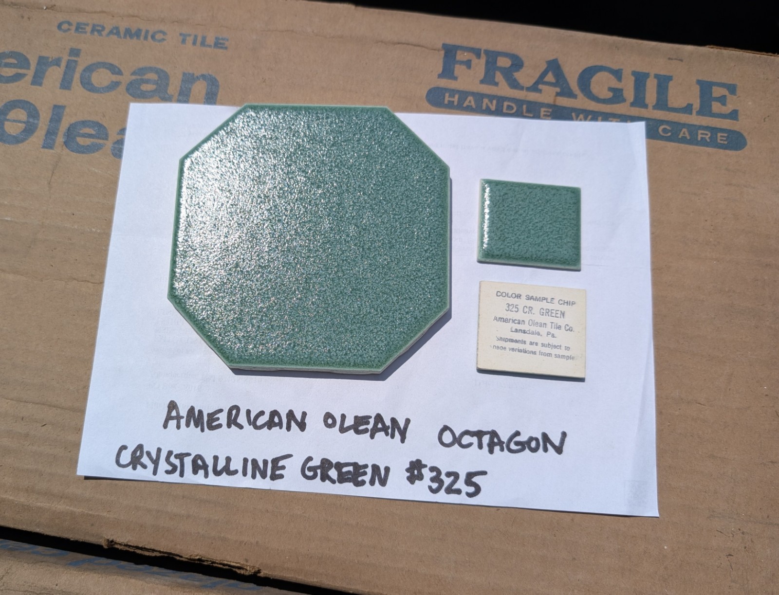 2 pcs American Olean Crystalline Green #325 Ceramic Tile 4-1/4″ Octagon 1950s