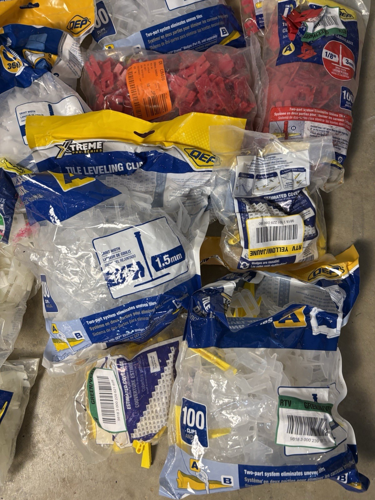 Lot QEP Lash tile leveling system clips, wedges, and caps, Lash360, 1/16, 1/8