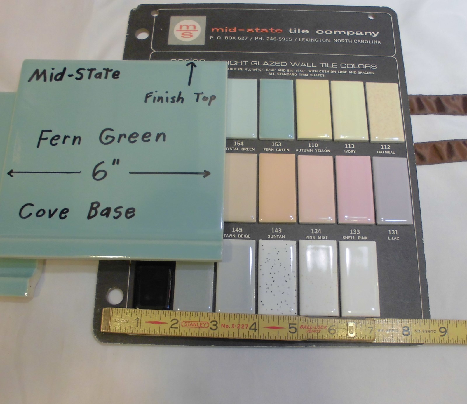 1 pc. Vintage Glossy *Fern Green* 6” X 6” Ceramic Cove Base Tile by MID-STATE