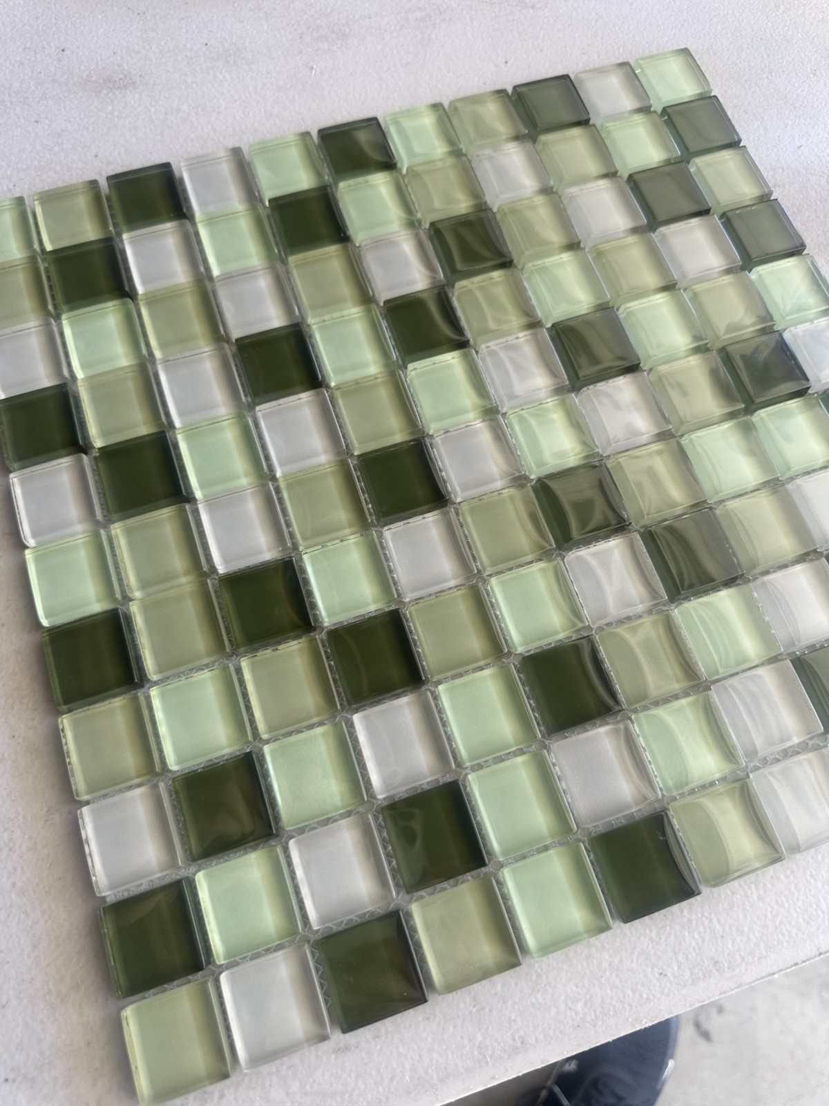 Light green Mix Glossy Glass Mosaic 1″x1″ Stacked Mesh Mounted