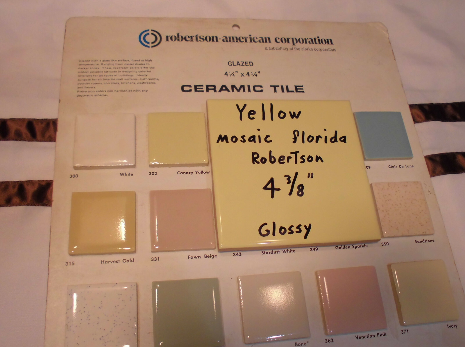 1 pc. Glossy Yellow Ceramic Tile 4-3/8″ ; Matches: Florida, Mosaic & Robertson