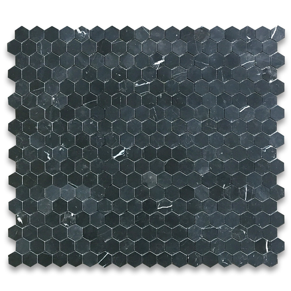 N32XH Nero Marquina Black Marble 2 inch Hexagon Mosaic Flooring Tile Honed
