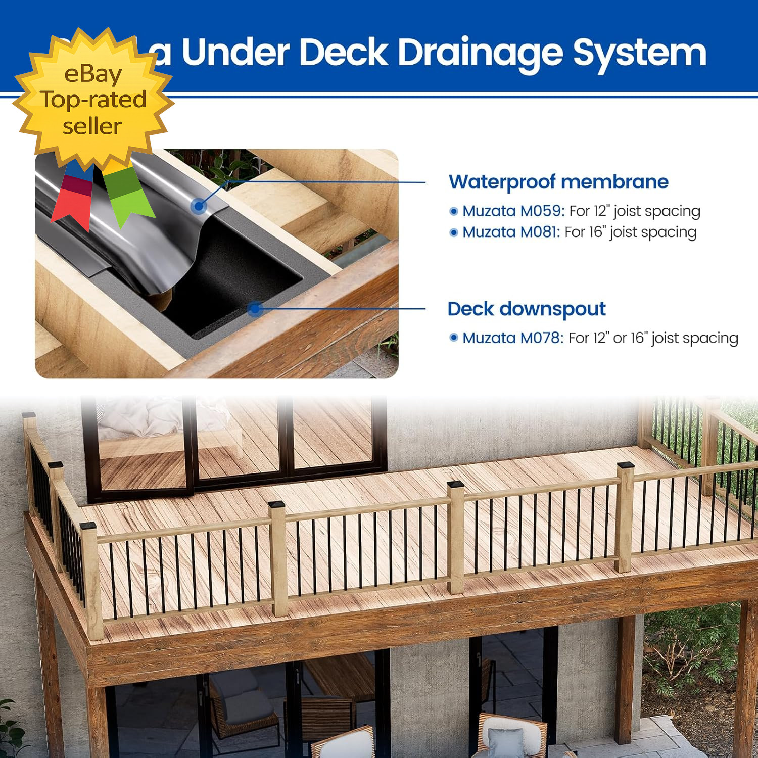50FT Under Deck Drainage System Black HDPE Waterproof Membrane 12 Inch Joist