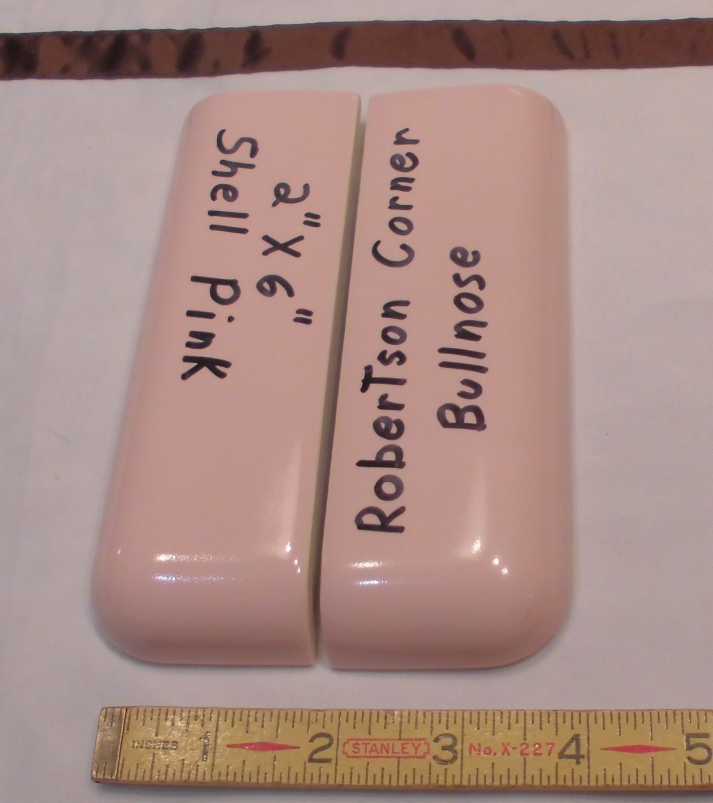2 pcs. *Shell Pink* 2″ X 6″ Ceramic Radius Bullnose Corner Tiles by Robertson
