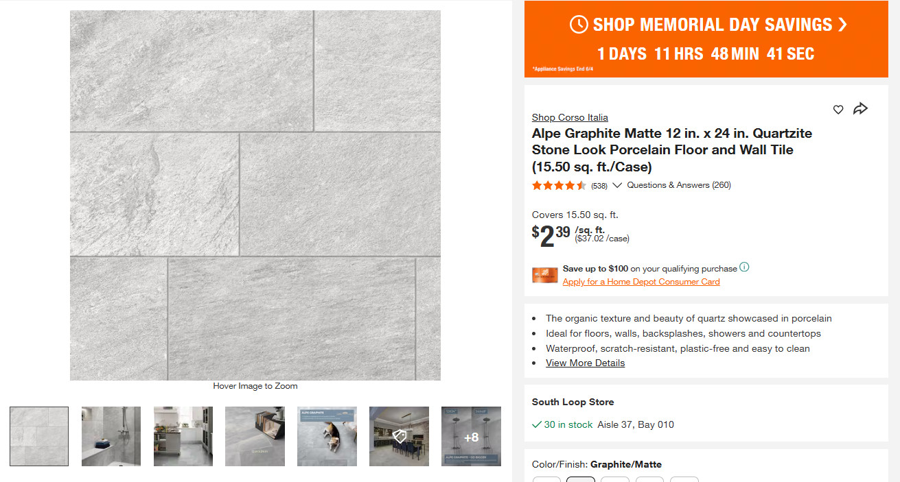 Pallet Sale – Corso Italia Alpe Graphite 12in x 24in Stone Porcelain Floor Tile