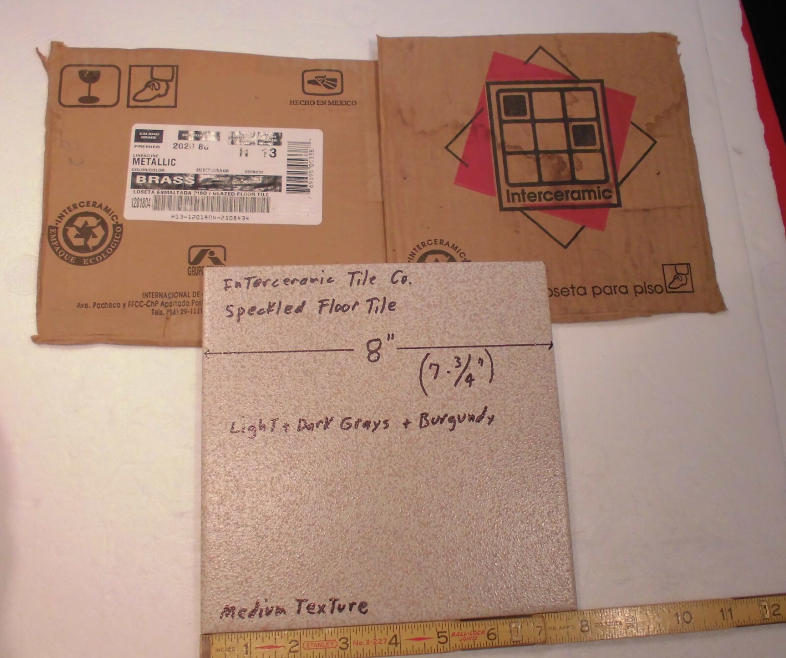 1 pc. Speckled: 7-3/4″ Ceramic Floor Tile: Light + Dark Grays with Burgundy, NEW