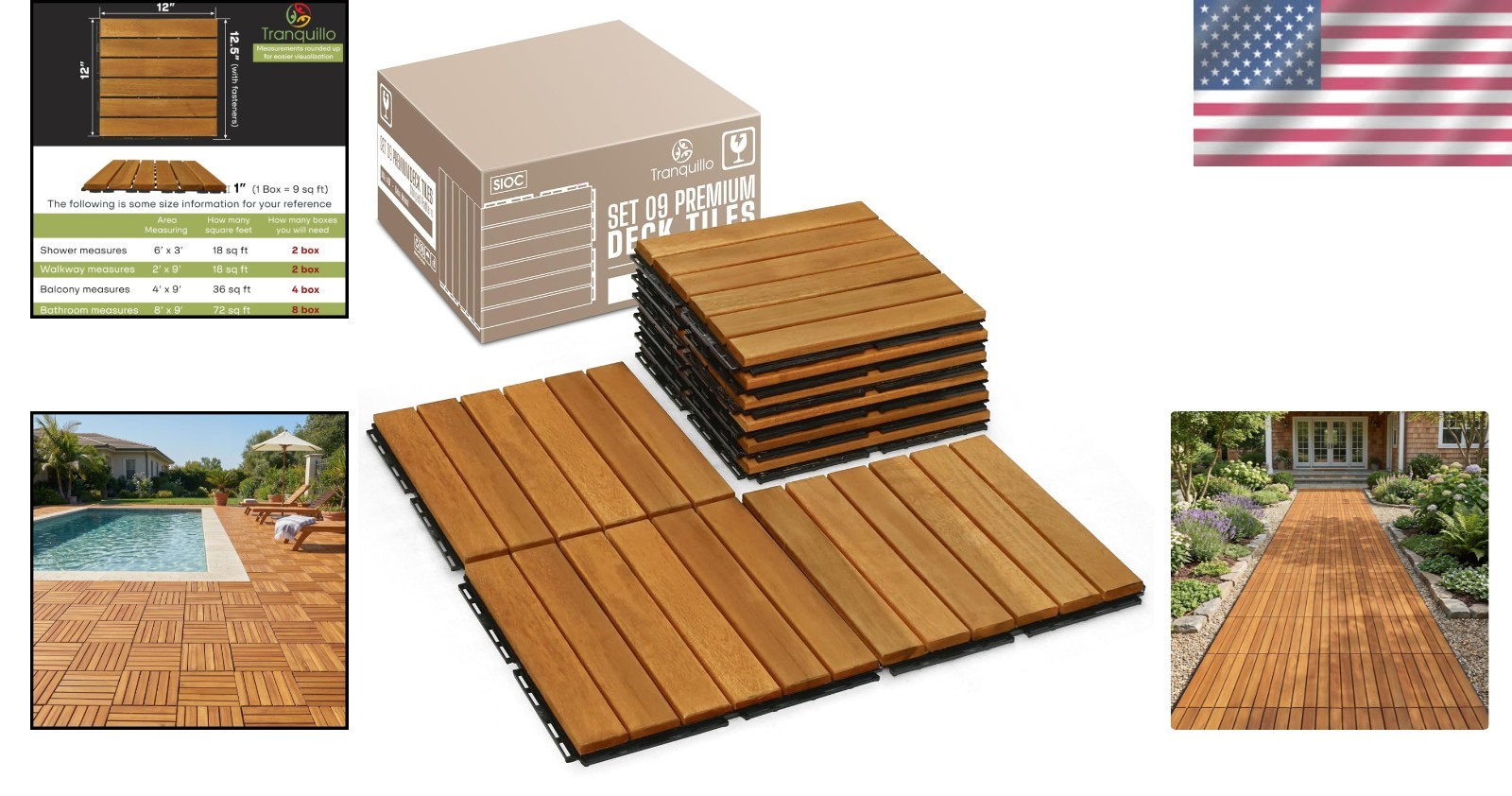 Non-Slip Acacia Wood Deck Tiles – Golden Striped, 12”x12”, 9 Pcs Easy Install
