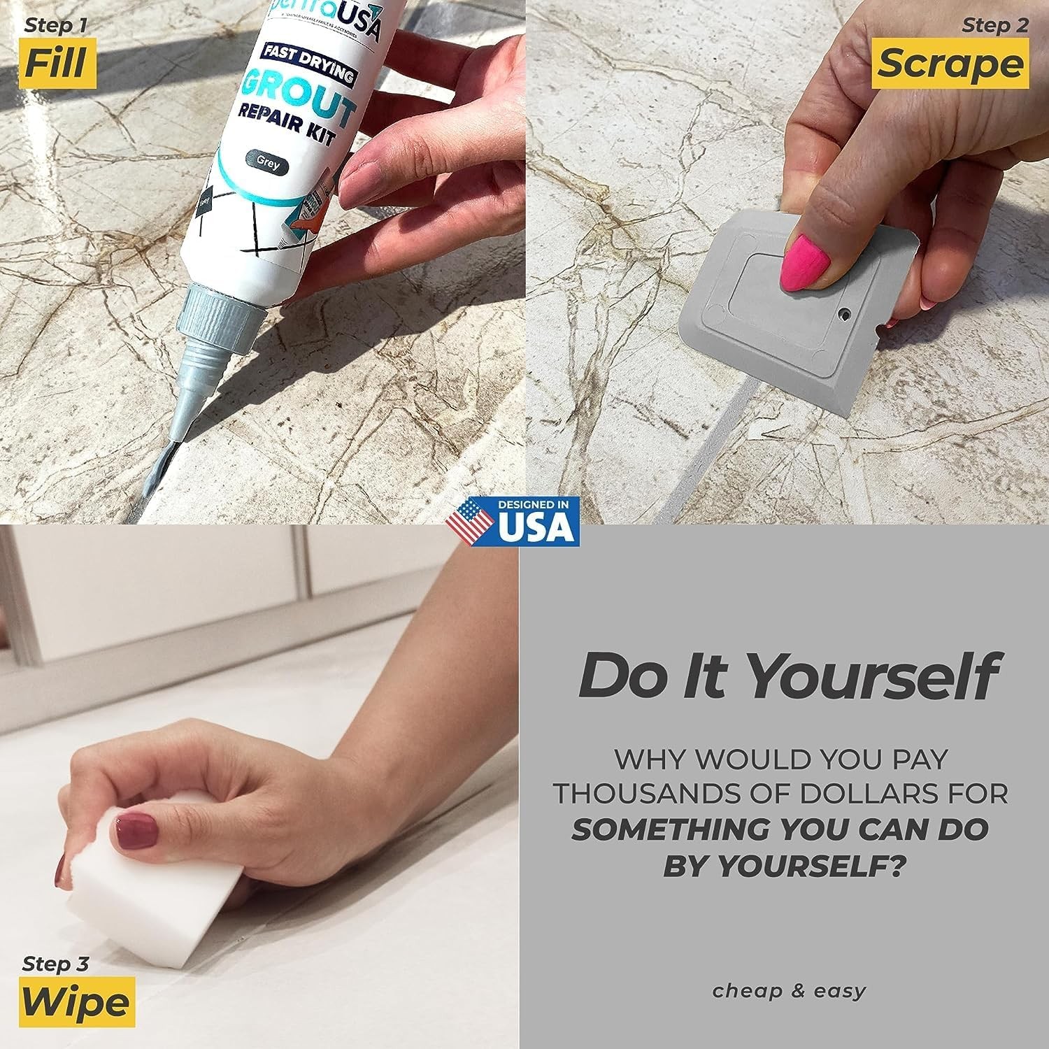 PentaUSA Tile Grout Repair Kit – Grey Filler, Triple Protection,