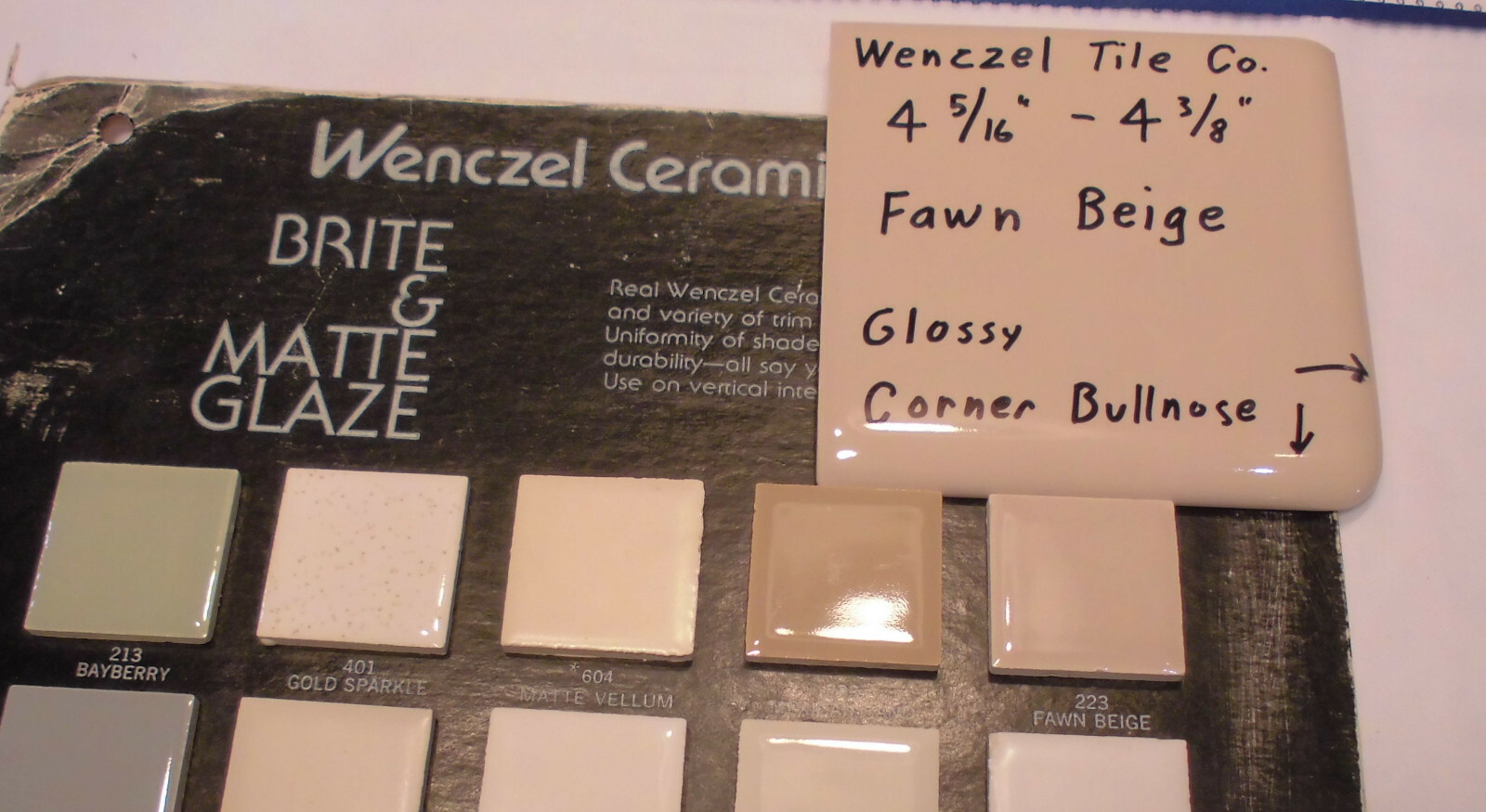 1 pc. Fawn Beige: Gloss Ceramic Corner Bullnose Tile by Wenczel Tile 4-5/16″