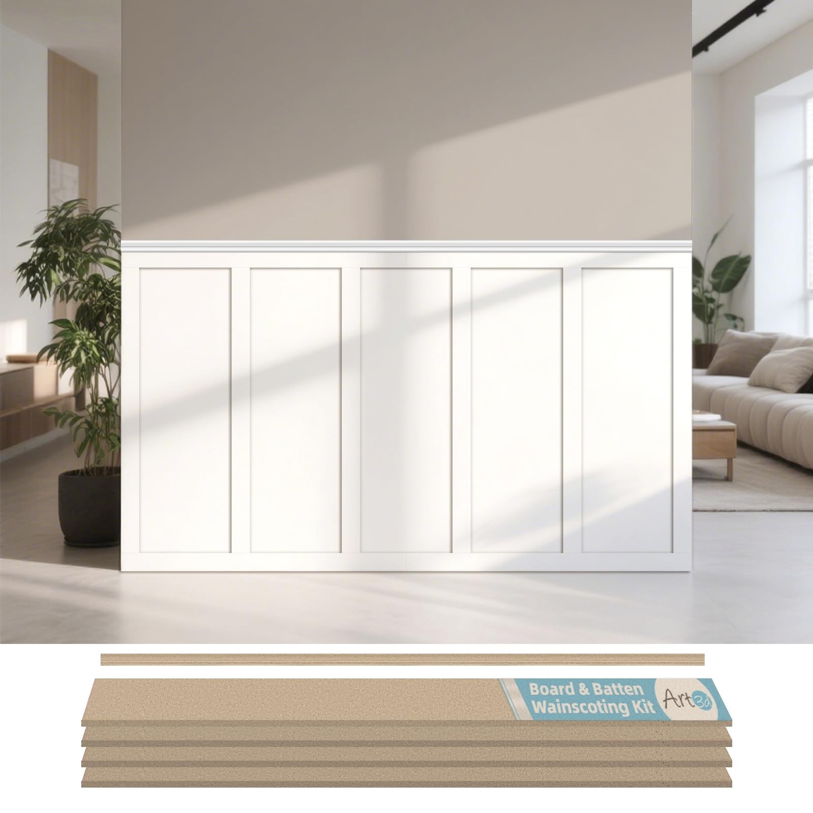 Premade Board and Batten Paintable Wainscoting Kit, MDF Accent Wall Panel for Ki