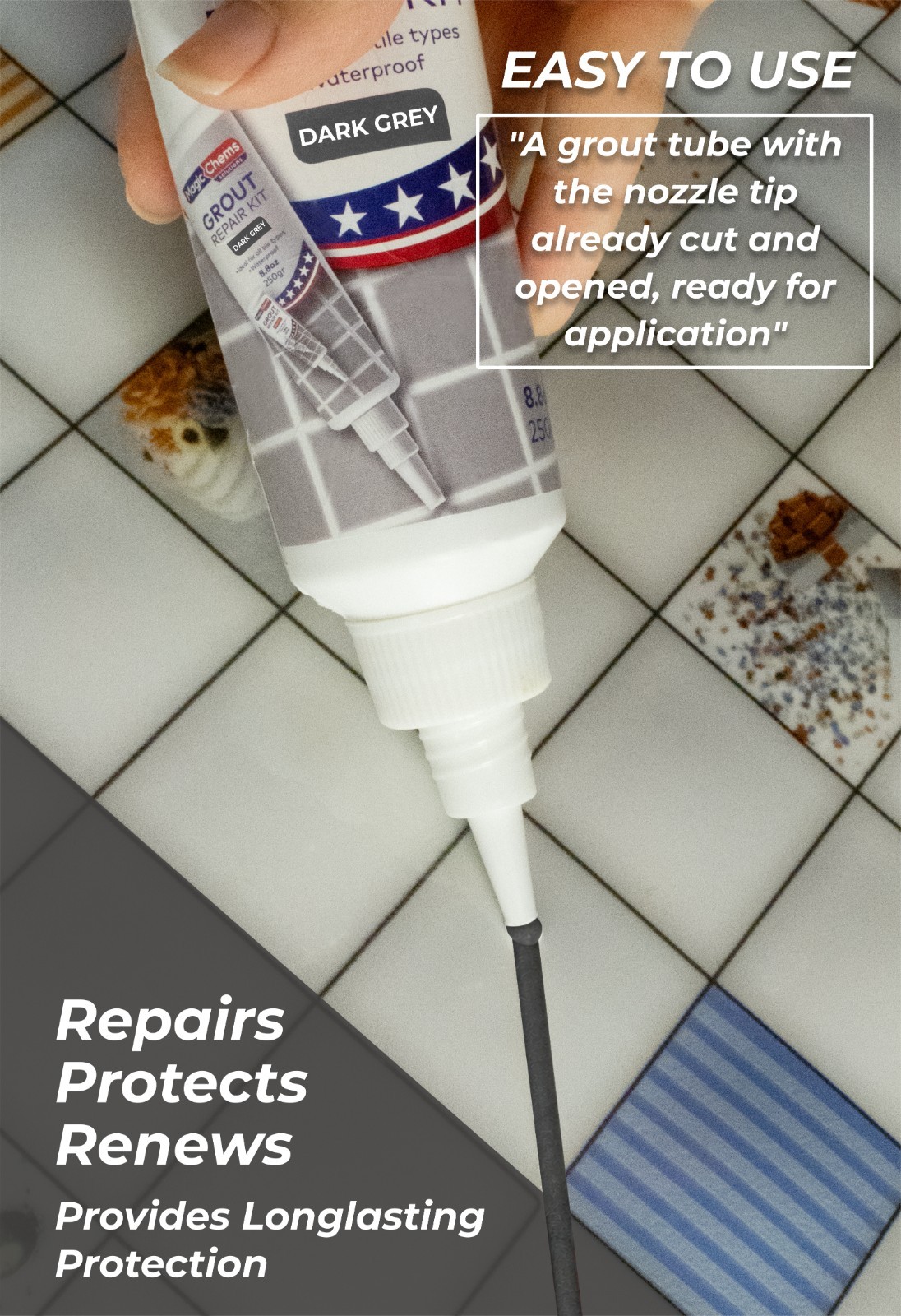 Magic Chems Tile Grout Repair Kit, Dark Grey 8.8 oz/250gr. Fast Drying