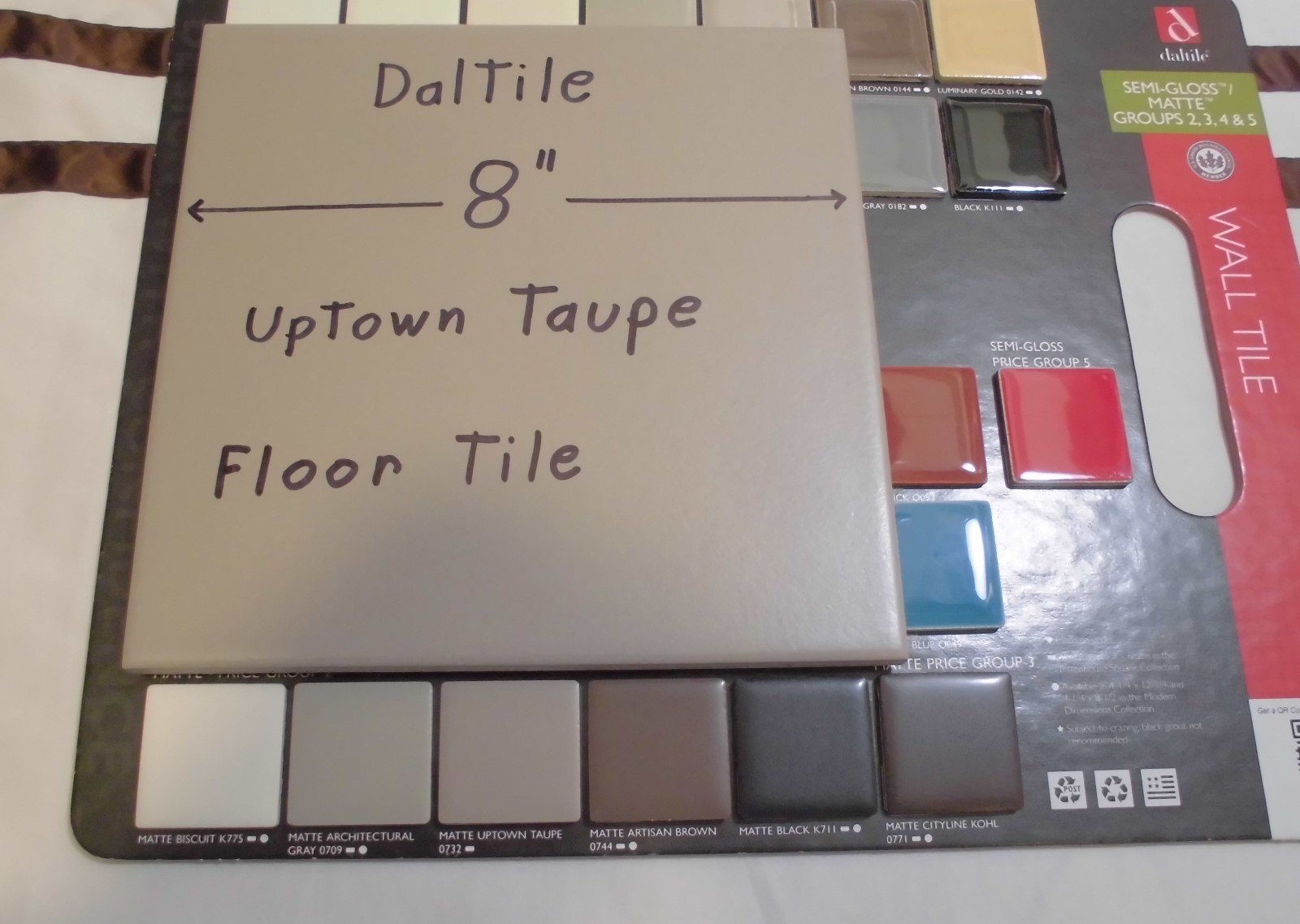 1 pc. *Gray – Taupe* Daltile Ceramic Floor Tile 8″ X 8″ actual size 7-13/16″