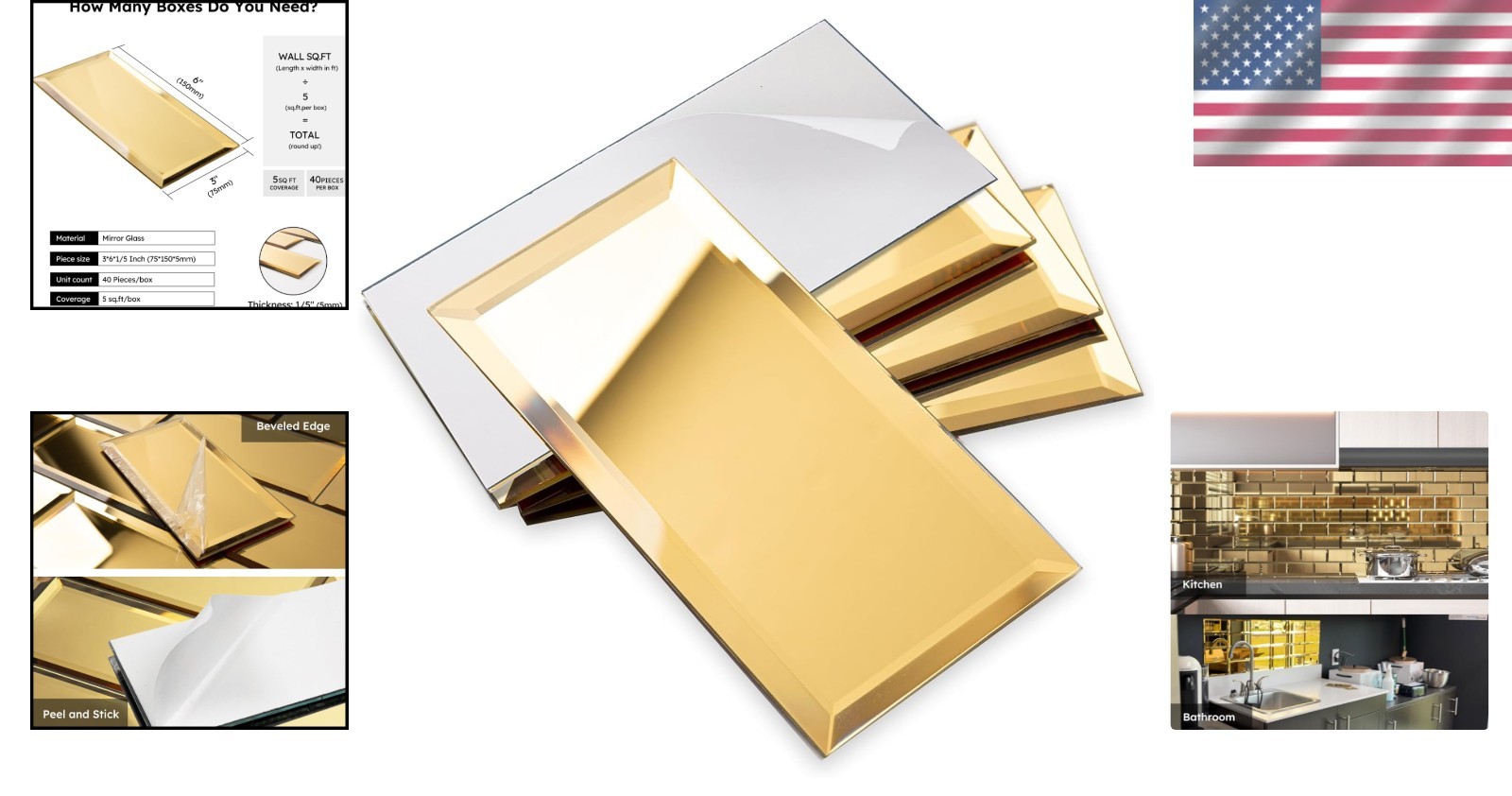 Elegant Peel and Stick Gold Beveled Mirror Backsplash – 3×6 Inch Subway Tiles^-