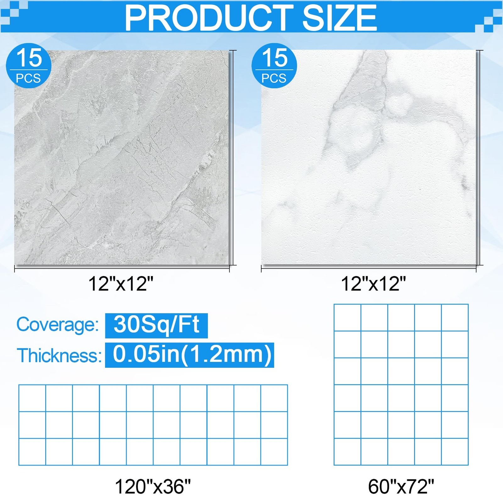 Tottist 30-Pack 12×12 Inch Vinyl Floor Tiles Grey/Beige Marble 30 Sq Ft