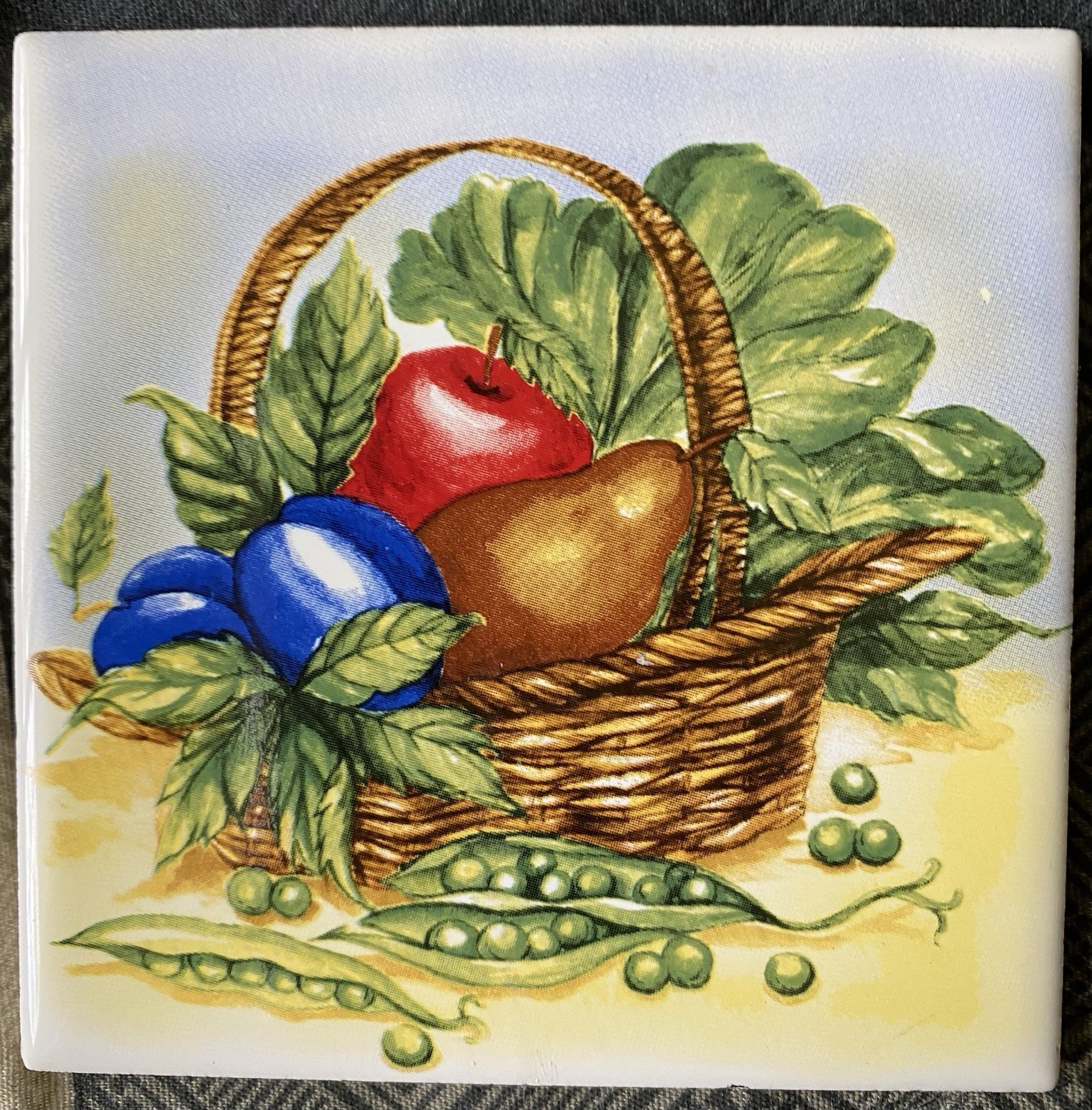Fruit Basket Ceramic Tile with Peas In Front- 4.25” x 4.25” – Open Box