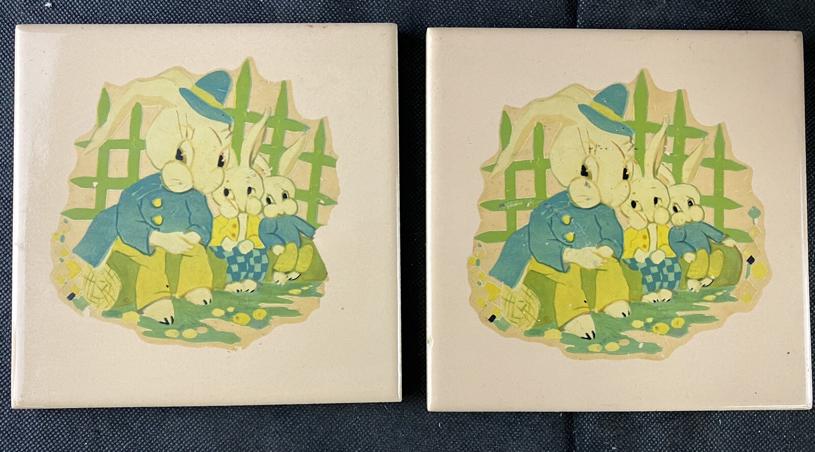 Vintage Rabbit Bunny Anthropomorphic Ceramic Tiles Set of 2 cork backed