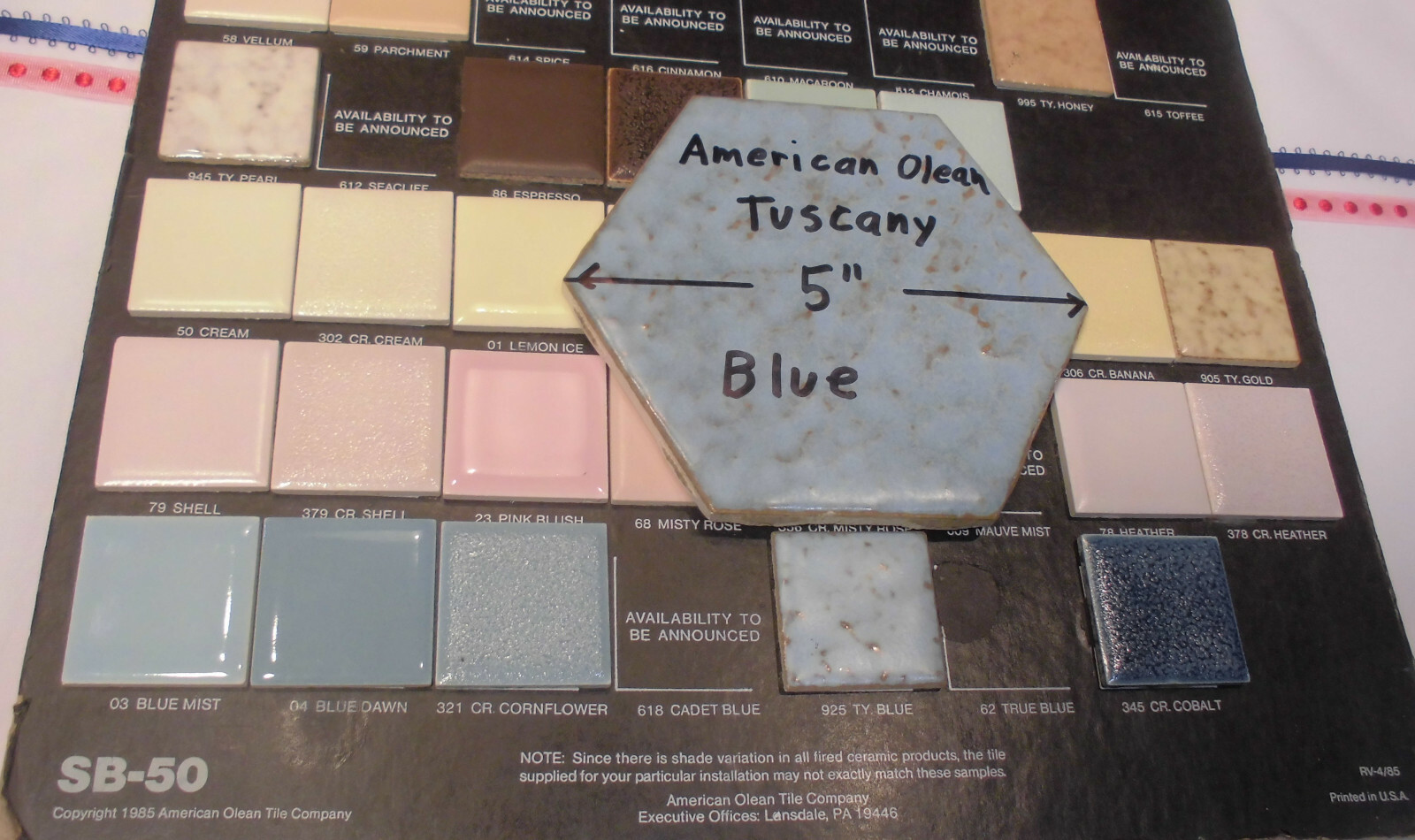 1 pc. *Blue Hexagon* Ceramic 5″ Tiles: Tuscany Glaze by American Olean 4-3/8″