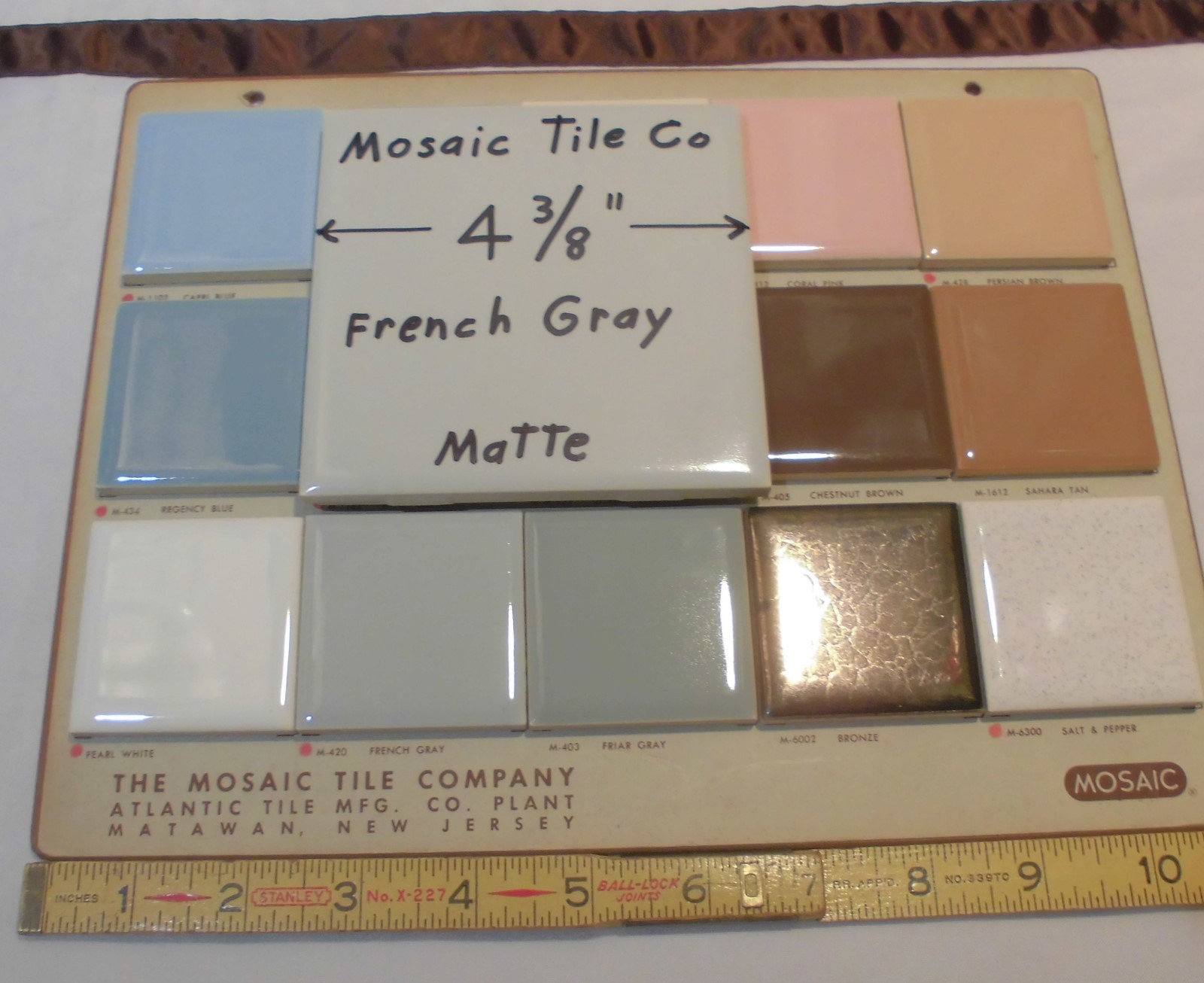 1 pc. Vintage *Light French Gray* Matte Ceramic Tile 4-3/8″ by Mosaic Co. NOS