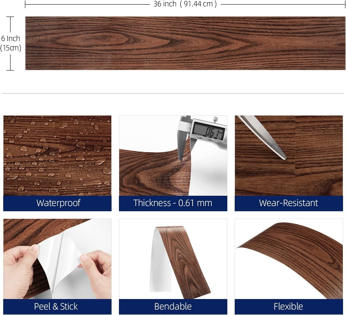FunStick 6″x36″ Brown Wood Peel and Stick Floor Tile Waterproof Walnut Wood Viny