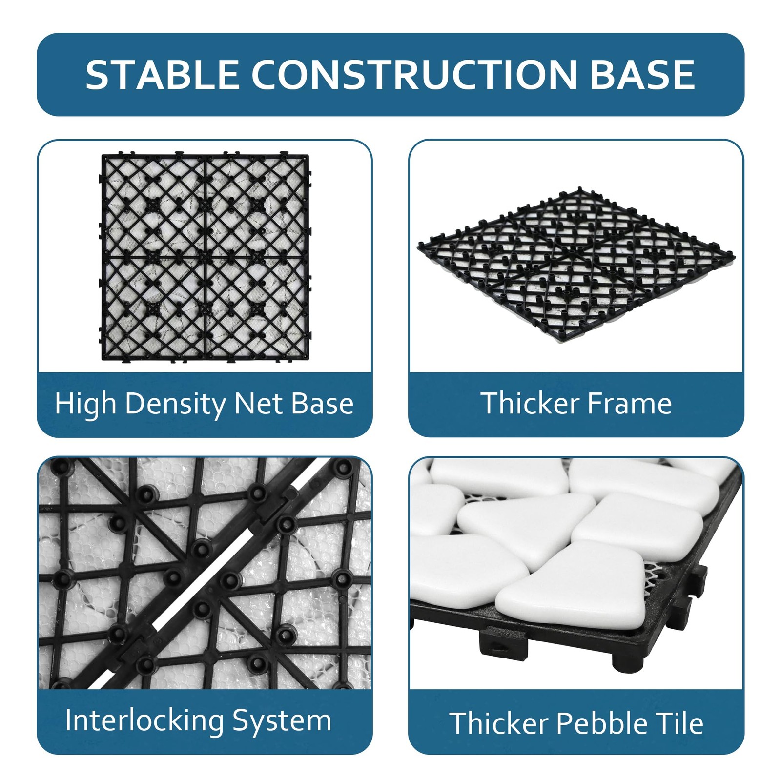 4PCS Natural Pebble Interlocking Deck Tiles, 12″ x 12″ Recycled Glass Marble …