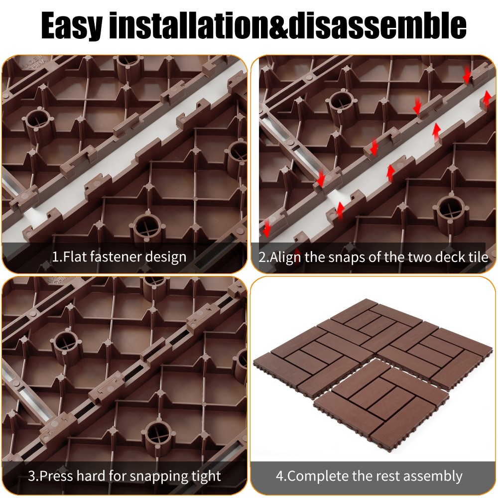 12″ Interlocking Floor Tiles 44 Pack Red Brown PP DIY Modular Deck Tiles