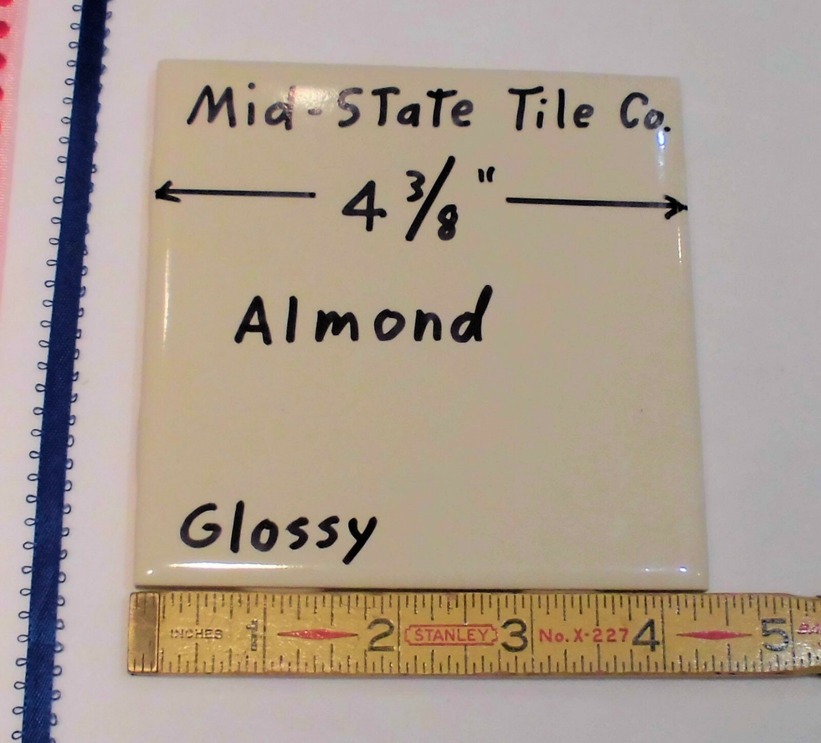 1 pc. *Almond* Glossy 4-3/8″ Ceramic Tile by Mid-State Co.; New Old Stock USA
