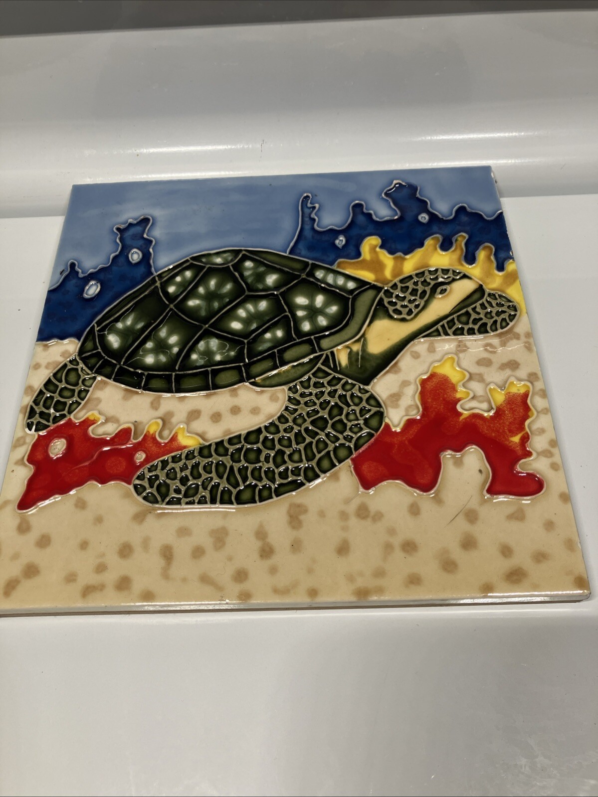 Sea Turtle Swimming in Coral Seaweed Coastal 8”x8”Square Ceramic Tile Scene