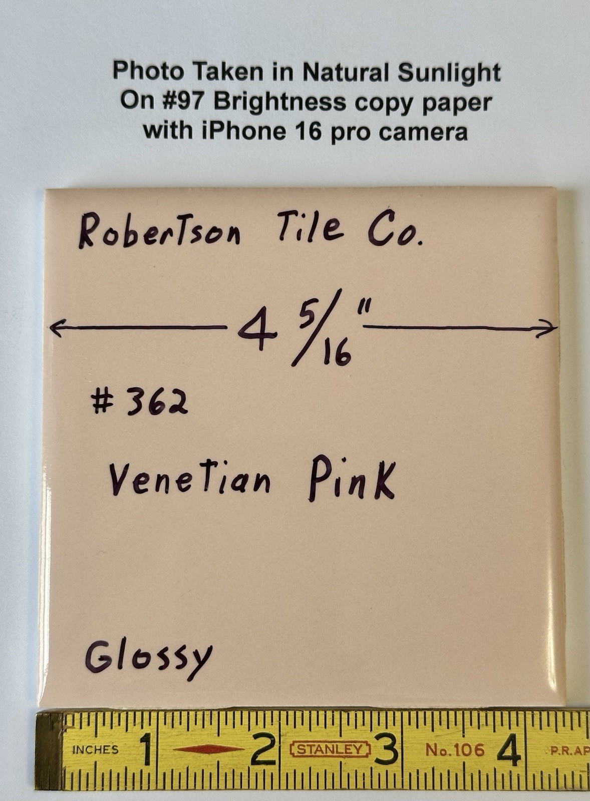 1 pc. Venetian Pink: 4-5/16″ Glossy Ceramic Tile, #362 by Robertson Tile Co. NOS