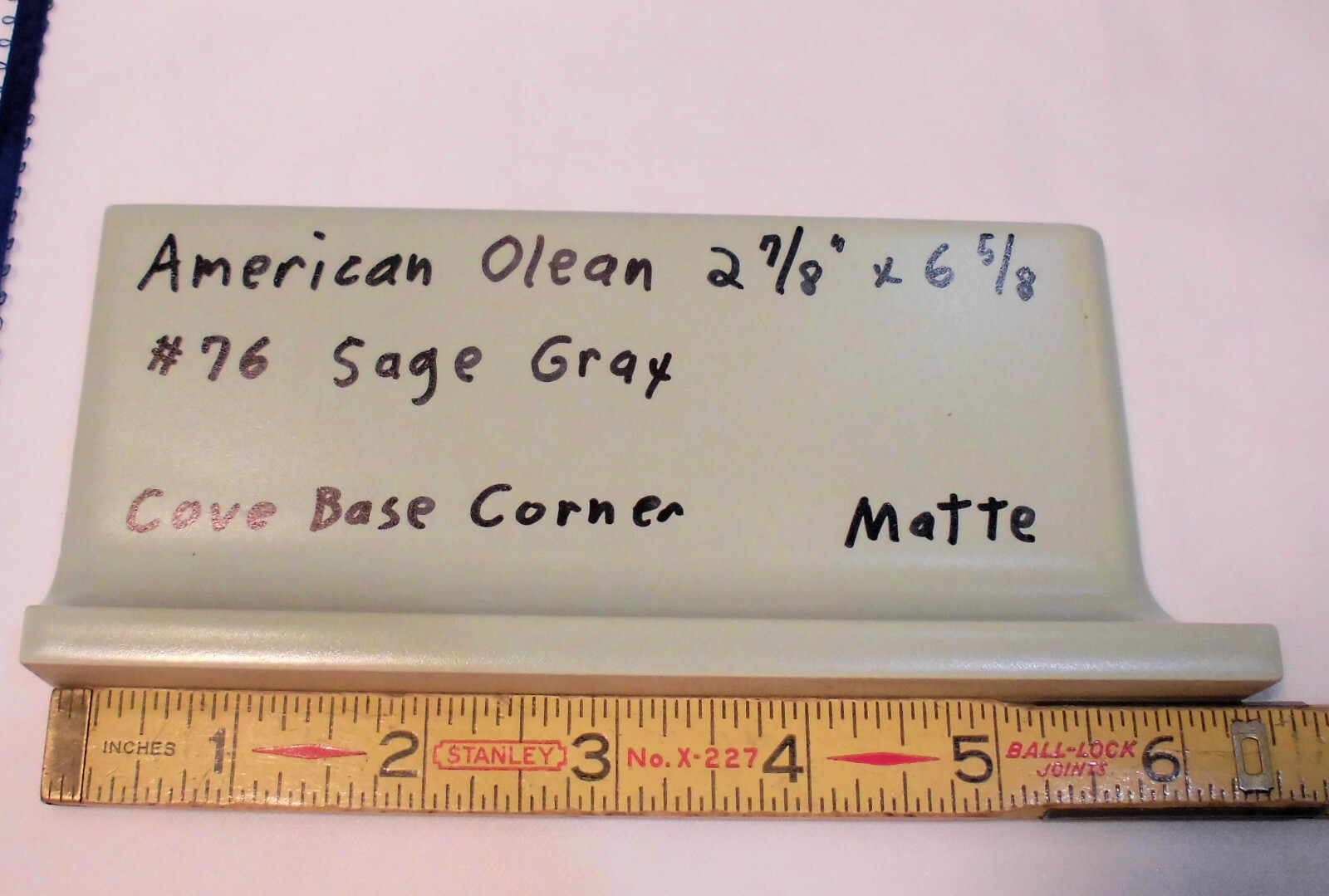 1 pcs. *Sage Gray* Finish Corner Flat Top cove/base Ceramic Tile 3″ X 6″ A.O.